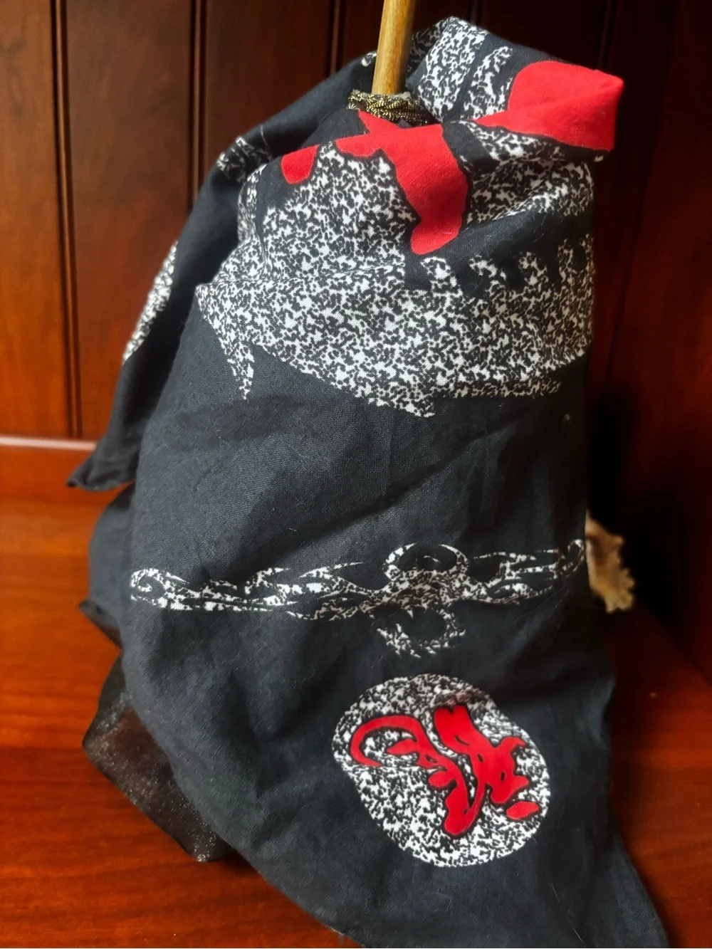 Black Bandana Scarf with Red Chinese Character and Silver Sparkle Design